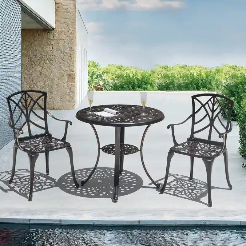 Set da 2 sedie da patio per esterni, in fusione di alluminio, nere con bordo verniciato color oro