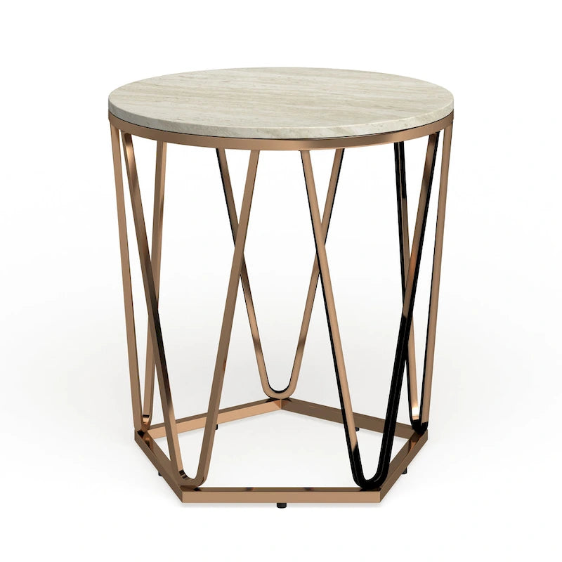 Tavolino Rotondo Moderno in Finto Marmo Henderson SEI Furniture con Base Geometrica Dorata