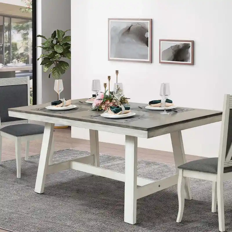 Tavolo da pranzo rettangolare in legno di gomma e bianco invecchiato da 64,5 - 29,25 A x 64,57 L x 35,43 P