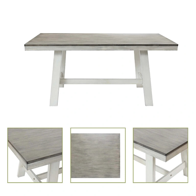 Tavolo da pranzo rettangolare in legno di gomma e bianco invecchiato da 64,5 - 29,25 A x 64,57 L x 35,43 P