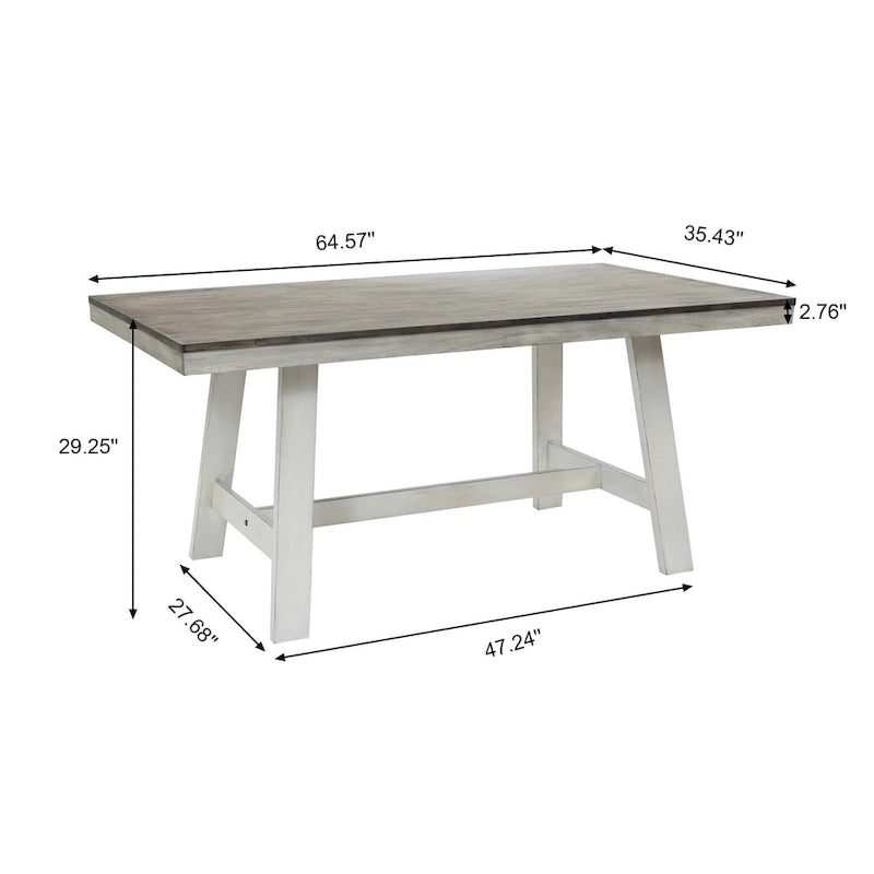 Tavolo da pranzo rettangolare in legno di gomma e bianco invecchiato da 64,5 - 29,25 A x 64,57 L x 35,43 P