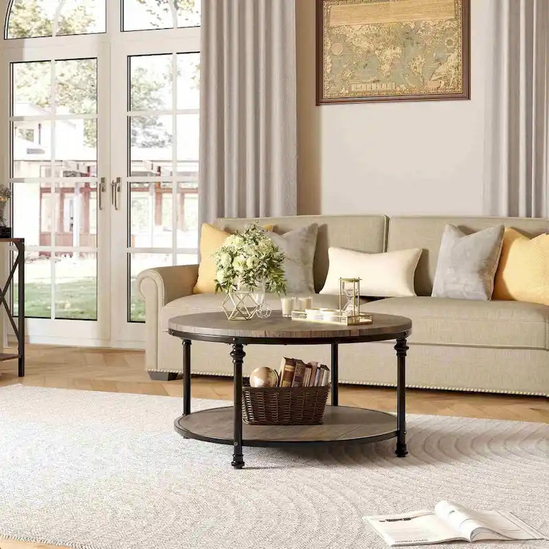 Table basse ronde en bois de 34,2 po, avec étagère de rangement, pieds en métal