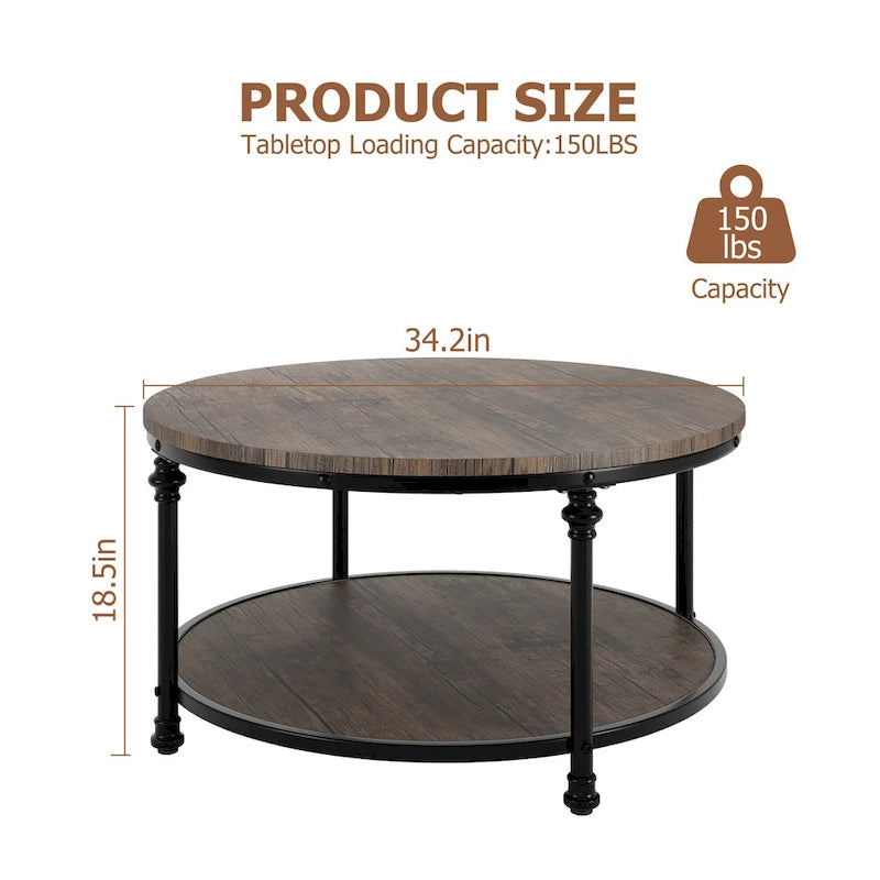 Table basse ronde en bois de 34,2 po, avec étagère de rangement, pieds en métal