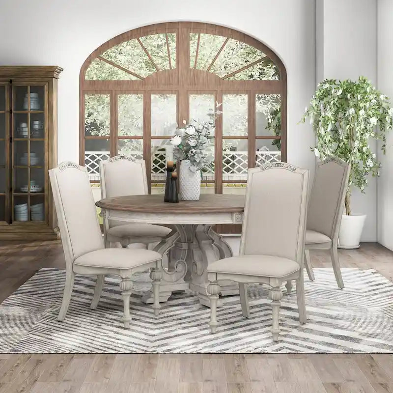 Set da pranzo rotondo Caelum Farmhouse a 5 pezzi in legno massello di The Gray Barn