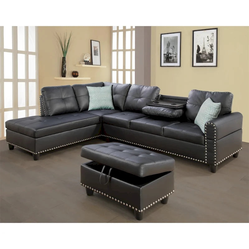 Divano componibile in similpelle con pouf e 2 cuscini