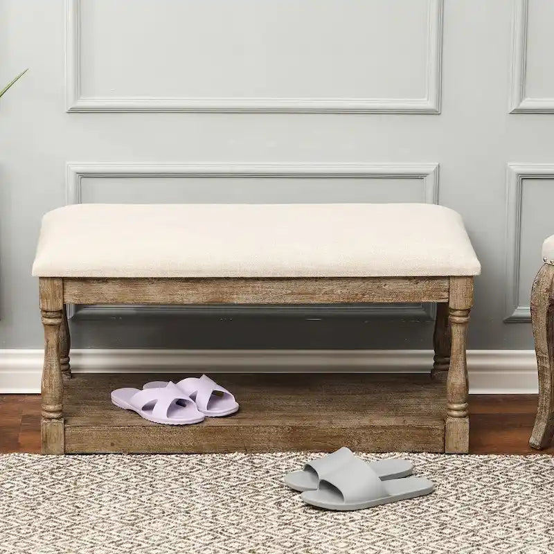Banc de style rembourré en lin beige pour entrée et chambre – 45 cm H x 90 cm L x 40 cm P