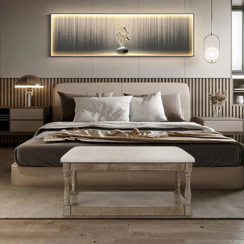 Banc de style rembourré en lin beige pour entrée et chambre – 45 cm H x 90 cm L x 40 cm P