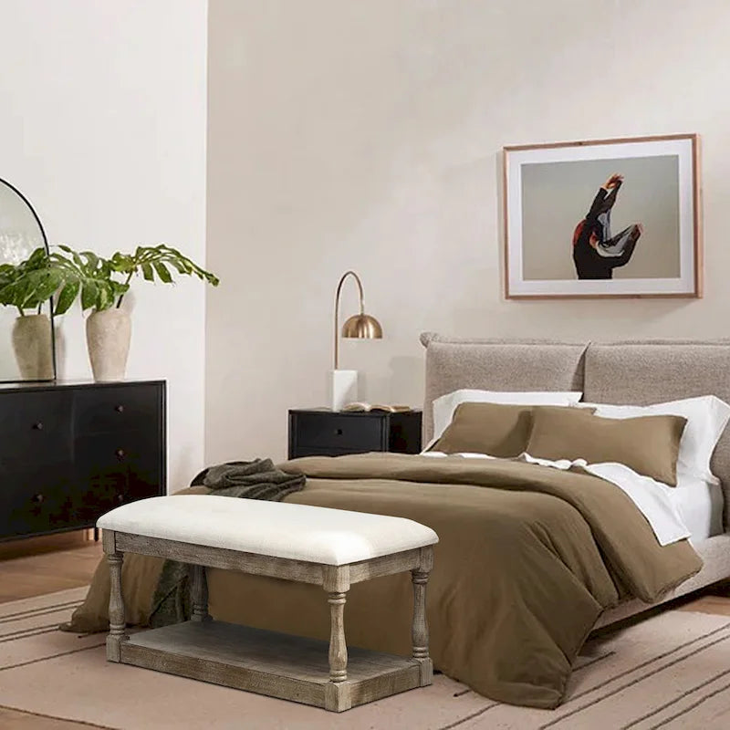 Banc de style rembourré en lin beige pour entrée et chambre – 45 cm H x 90 cm L x 40 cm P