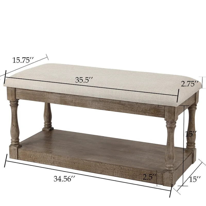 Banc de style rembourré en lin beige pour entrée et chambre – 45 cm H x 90 cm L x 40 cm P