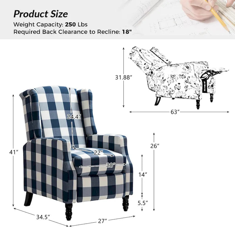Damaris Poltrona Reclinabile Manuale Mid-Century con Design ad Ali Laterali, Set da 2 di HULALA HOME
