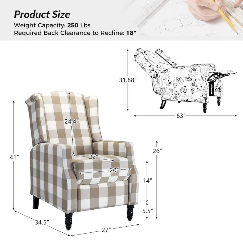 Damaris Poltrona Reclinabile Manuale Mid-Century con Design ad Ali Laterali, Set da 2 di HULALA HOME