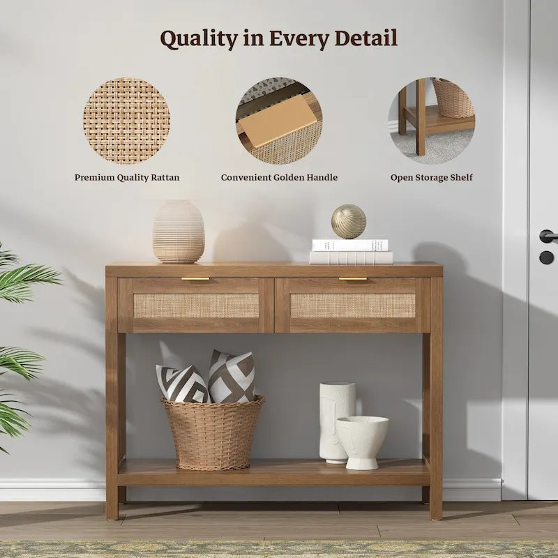 SICOTAS Consolle in Rattan con 2 Cassetti e Ripiani - 30 x 39,4 x 13,8