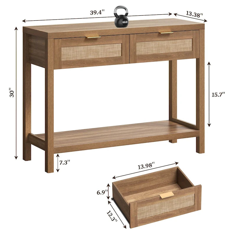 SICOTAS Consolle in Rattan con 2 Cassetti e Ripiani - 30 x 39,4 x 13,8