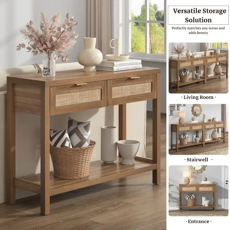 SICOTAS Consolle in Rattan con 2 Cassetti e Ripiani - 30 x 39,4 x 13,8