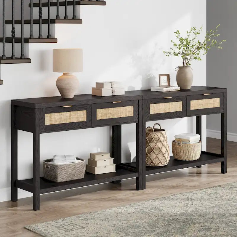 SICOTAS Consolle in Rattan con 2 Cassetti e Ripiani - 30 x 39,4 x 13,8
