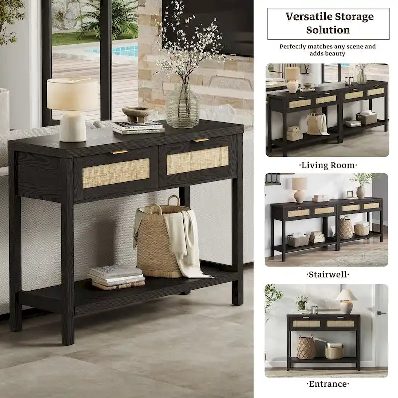 SICOTAS Consolle in Rattan con 2 Cassetti e Ripiani - 30 x 39,4 x 13,8