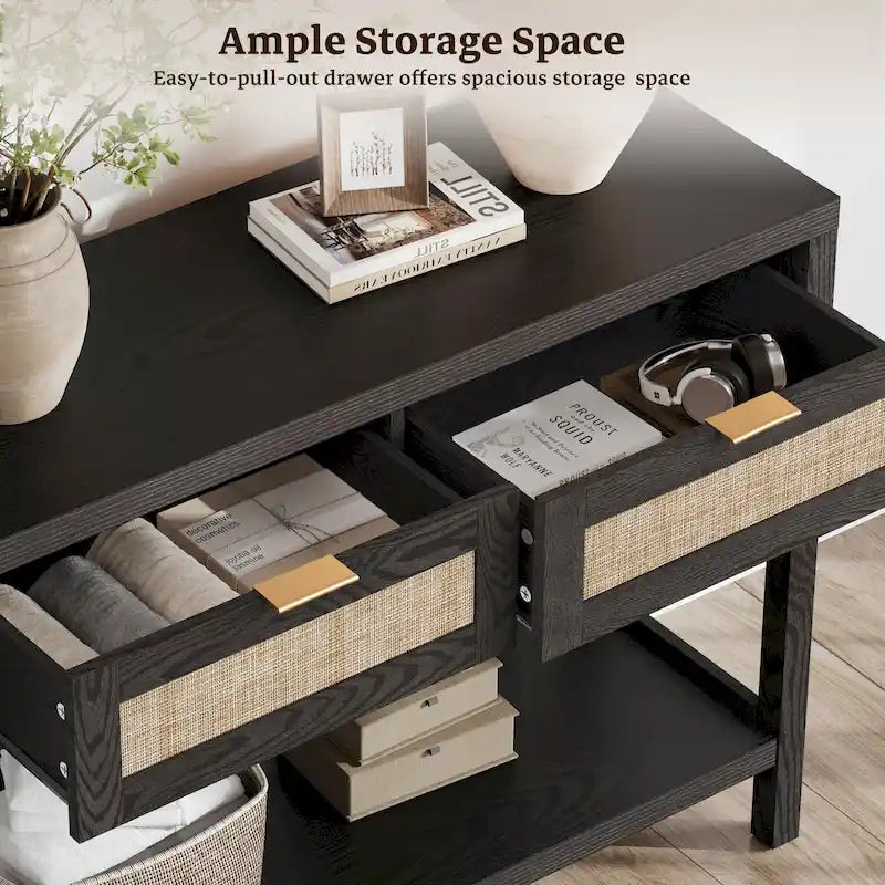 SICOTAS Consolle in Rattan con 2 Cassetti e Ripiani - 30 x 39,4 x 13,8