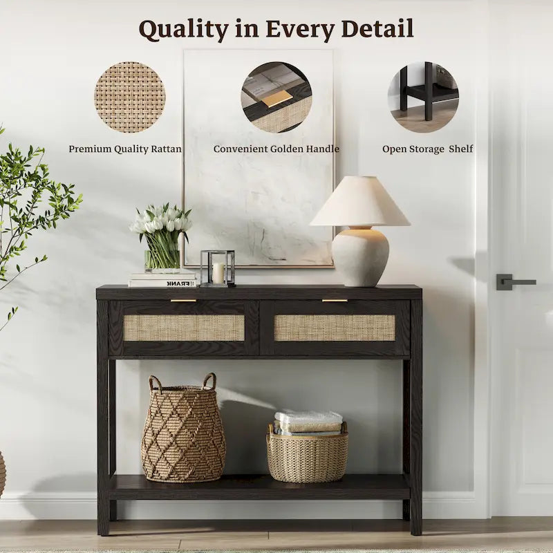 SICOTAS Consolle in Rattan con 2 Cassetti e Ripiani - 30 x 39,4 x 13,8