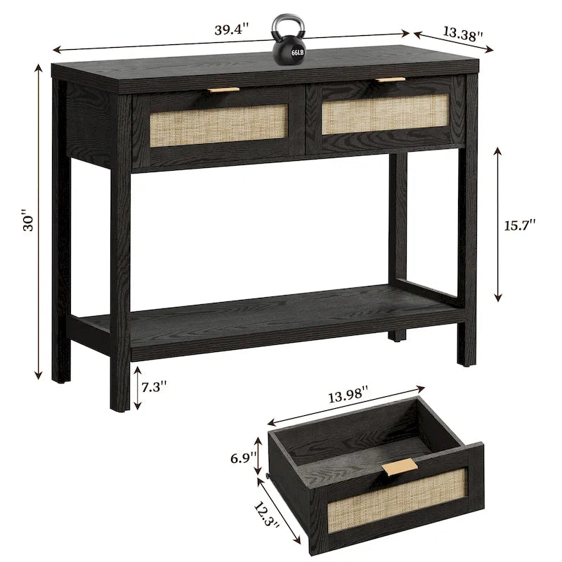 SICOTAS Consolle in Rattan con 2 Cassetti e Ripiani - 30 x 39,4 x 13,8