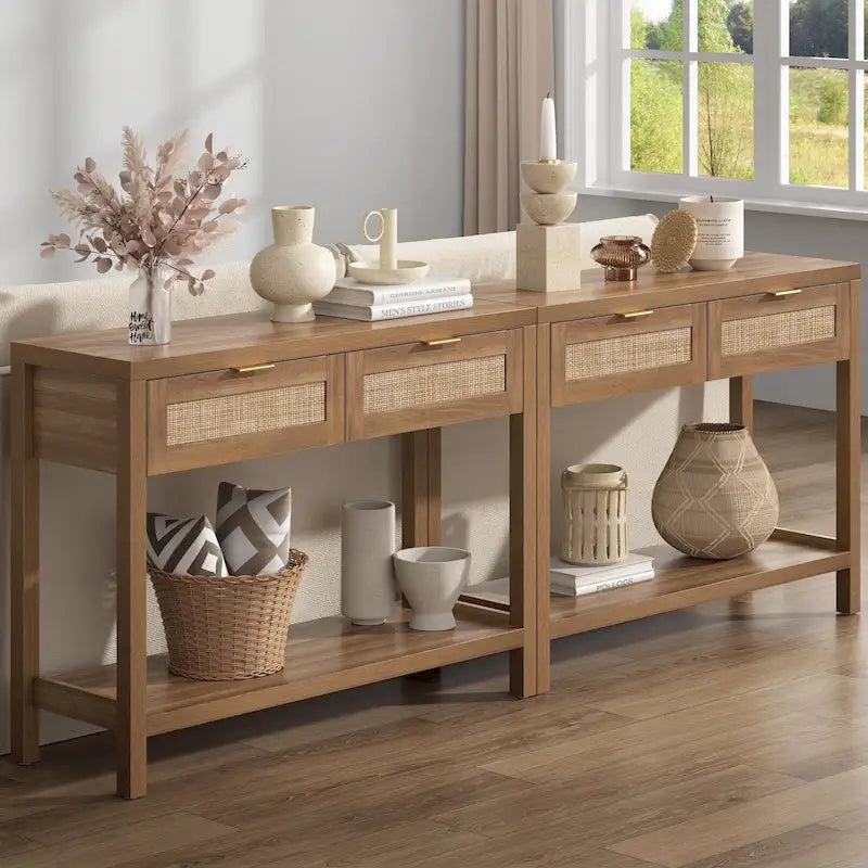 SICOTAS Consolle in Rattan con 2 Cassetti e Ripiani - 30 x 39,4 x 13,8