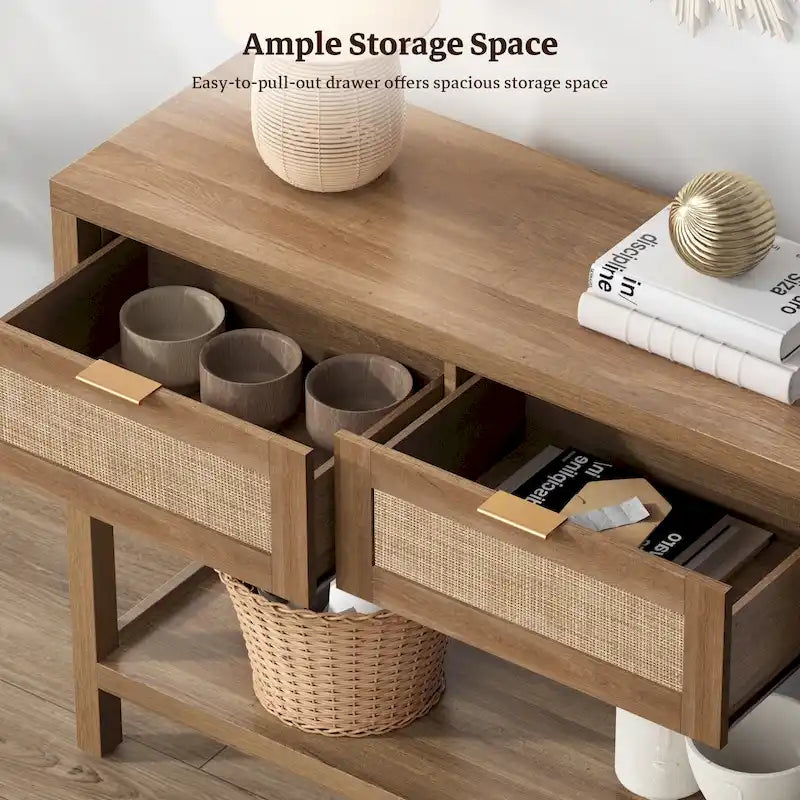 SICOTAS Consolle in Rattan con 2 Cassetti e Ripiani - 30 x 39,4 x 13,8
