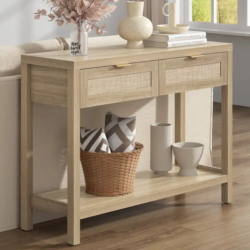 SICOTAS Consolle in Rattan con 2 Cassetti e Ripiani - 30 x 39,4 x 13,8