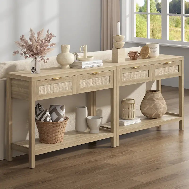 SICOTAS Consolle in Rattan con 2 Cassetti e Ripiani - 30 x 39,4 x 13,8