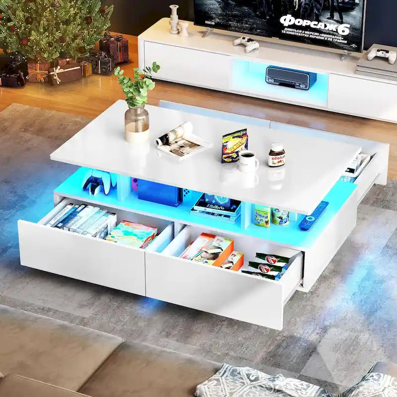 Tavolino Moderno Moasis con Contenitore e Luci LED Lucido per Soggiorno