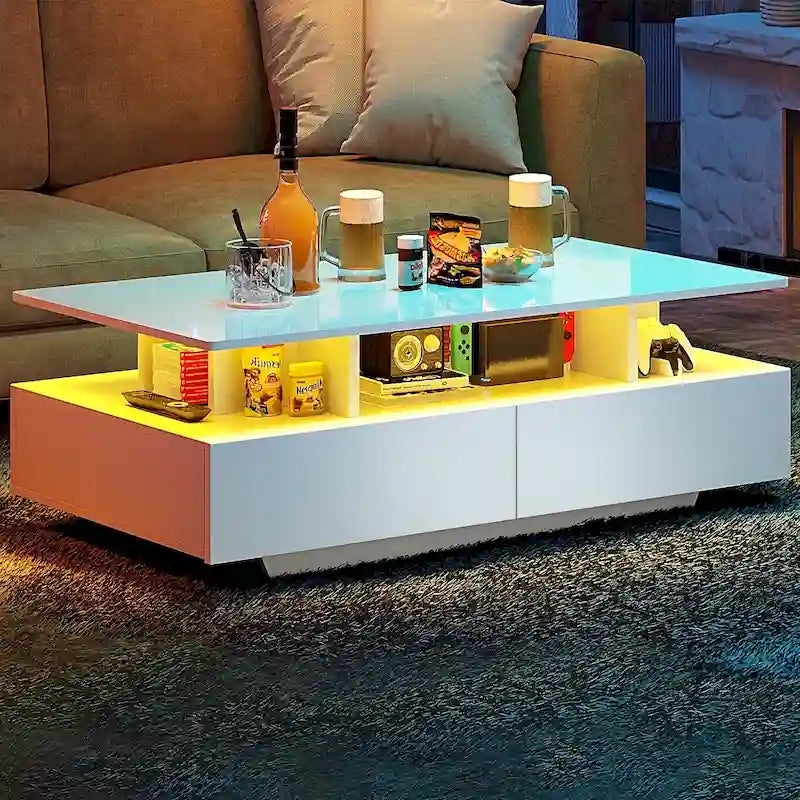 Tavolino Moderno Moasis con Contenitore e Luci LED Lucido per Soggiorno