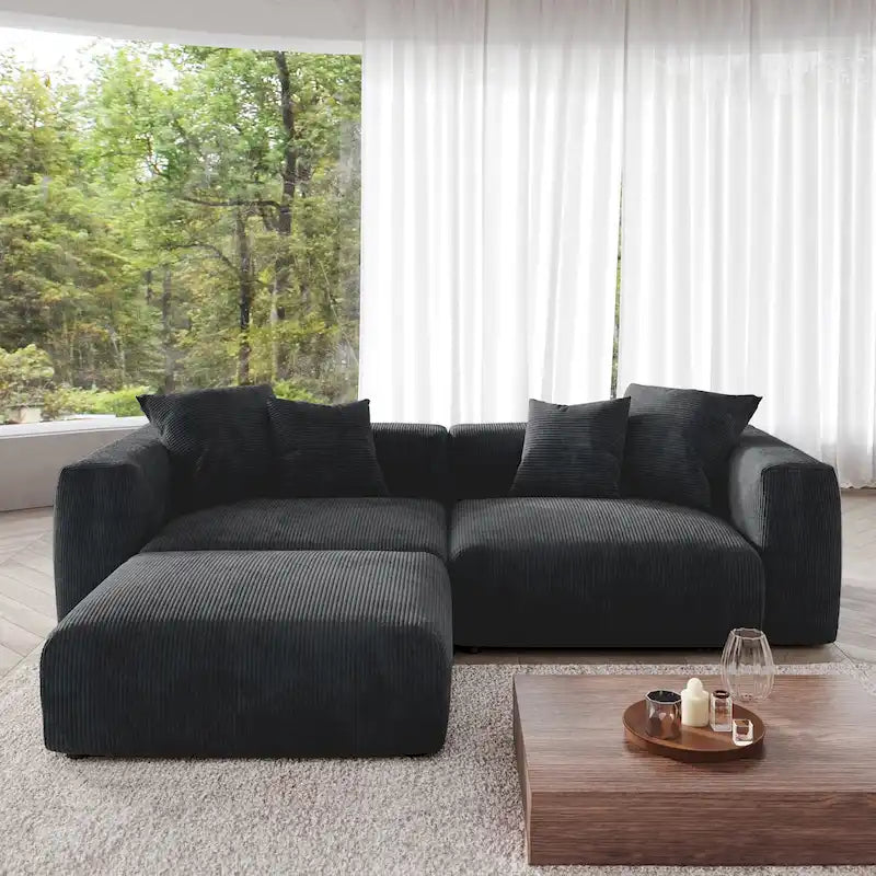 Divano componibile con 4 cuscini, moderno e lussuoso divano modulare componibile con chaise longue e pouf