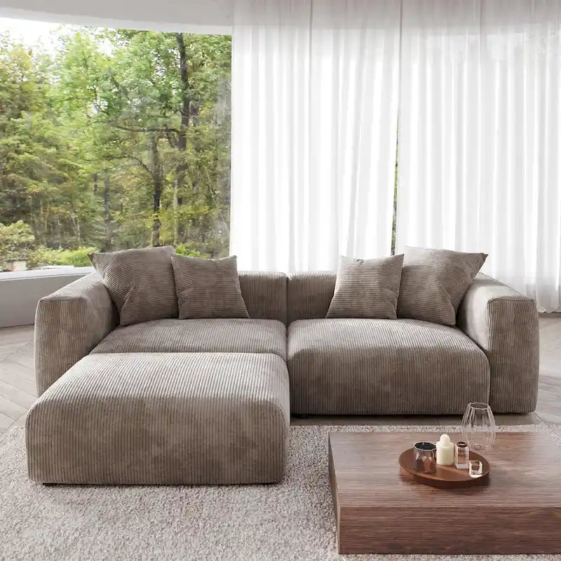Divano componibile con 4 cuscini, moderno e lussuoso divano modulare componibile con chaise longue e pouf