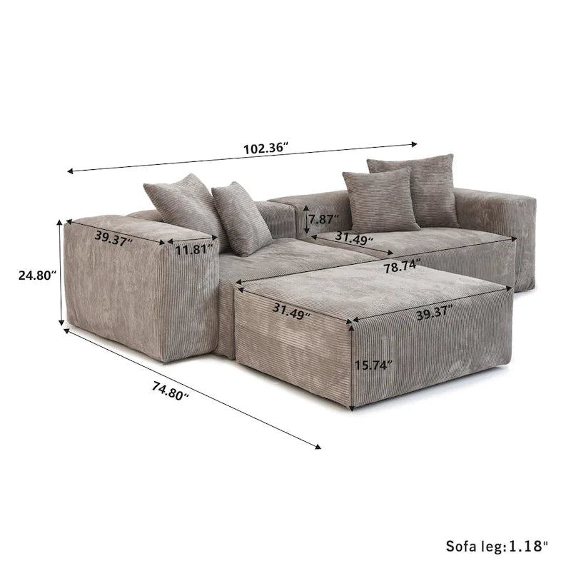 Divano componibile con 4 cuscini, moderno e lussuoso divano modulare componibile con chaise longue e pouf