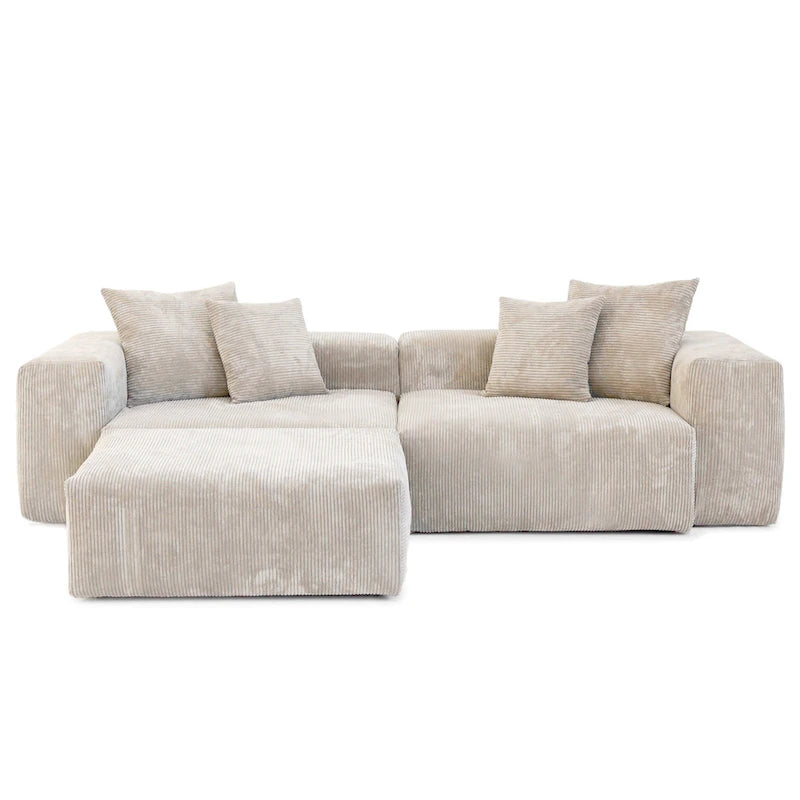 Divano componibile con 4 cuscini, moderno e lussuoso divano modulare componibile con chaise longue e pouf