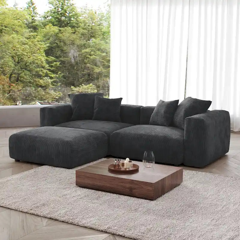 Divano componibile con 4 cuscini, moderno e lussuoso divano modulare componibile con chaise longue e pouf