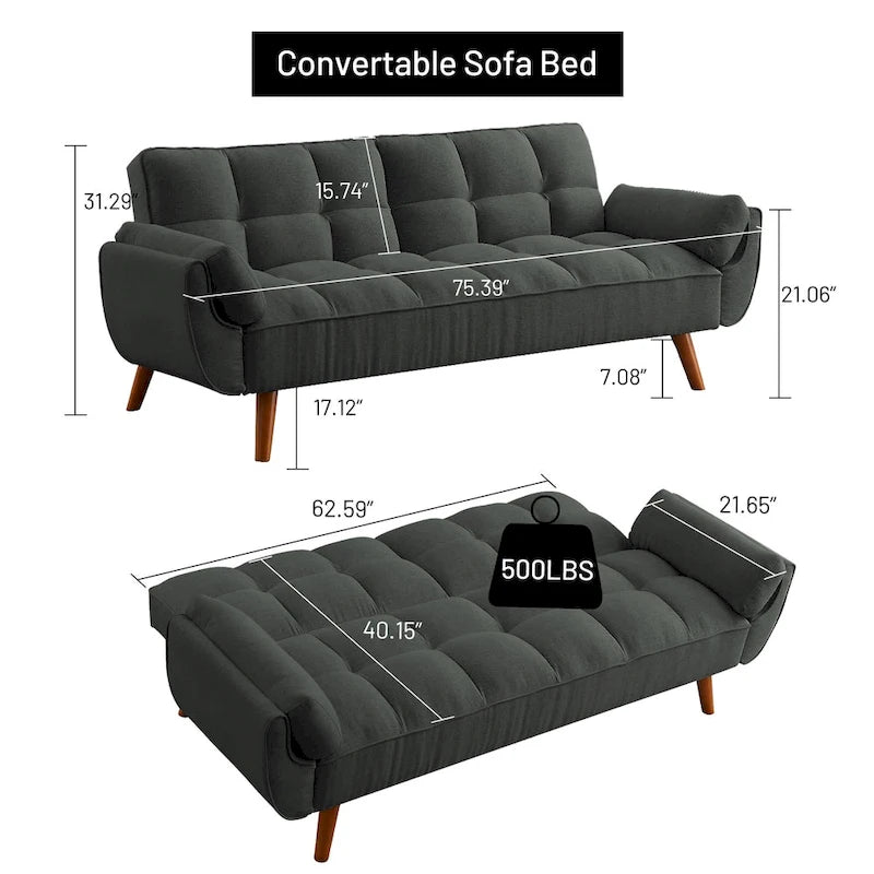 Divano letto futon da 191,5 cm (75,39 pollici), divano letto imbottito convertibile con schienale trapuntato sdoppiato reclinabile