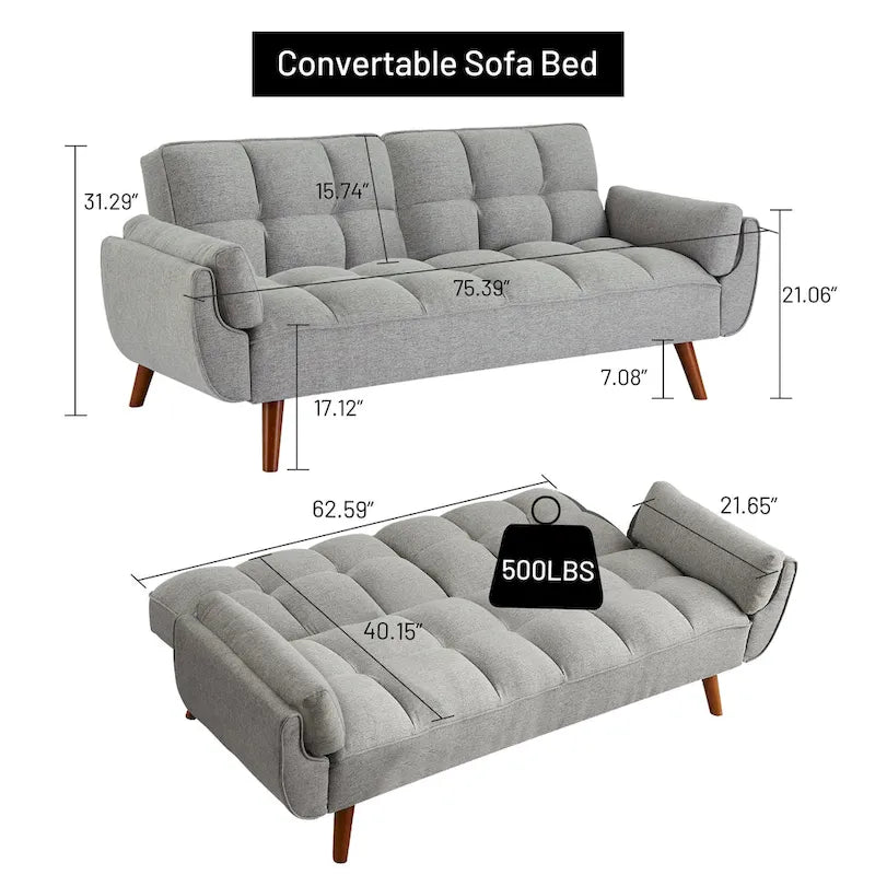 Divano letto futon da 191,5 cm (75,39 pollici), divano letto imbottito convertibile con schienale trapuntato sdoppiato reclinabile