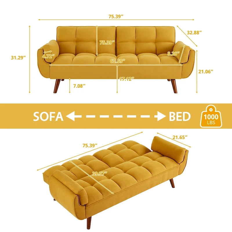 Divano letto futon da 191,5 cm (75,39 pollici), divano letto imbottito convertibile con schienale trapuntato sdoppiato reclinabile