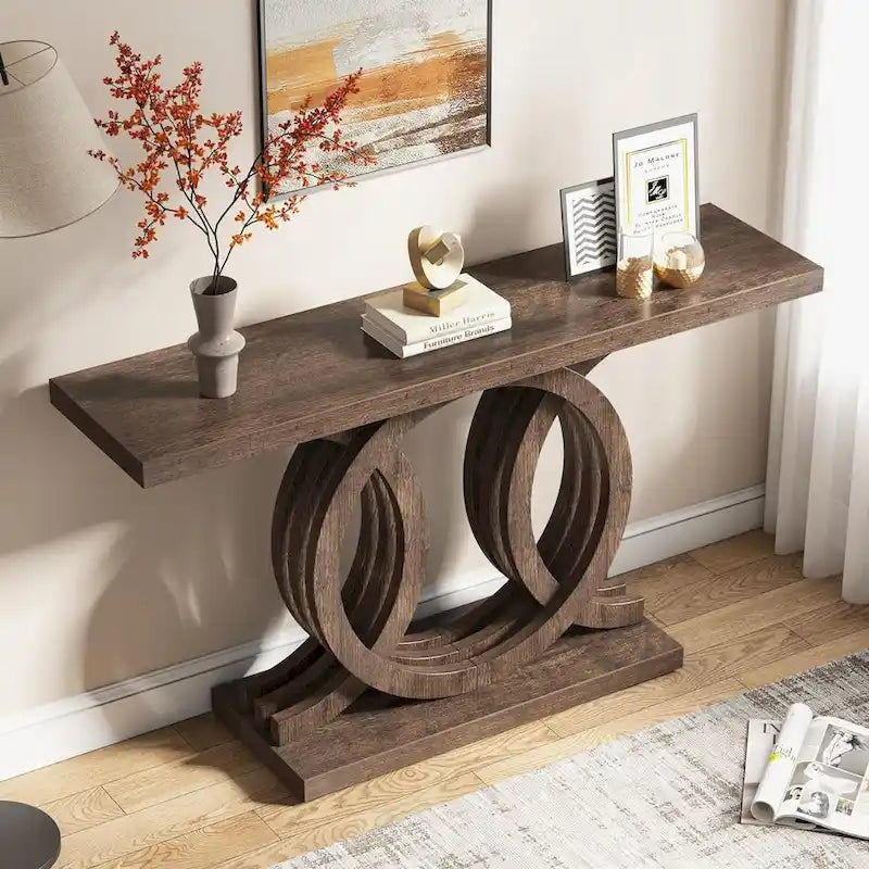 Tavolino consolle da 55 pollici con base geometrica Tavolo da corridoio in legno vintage