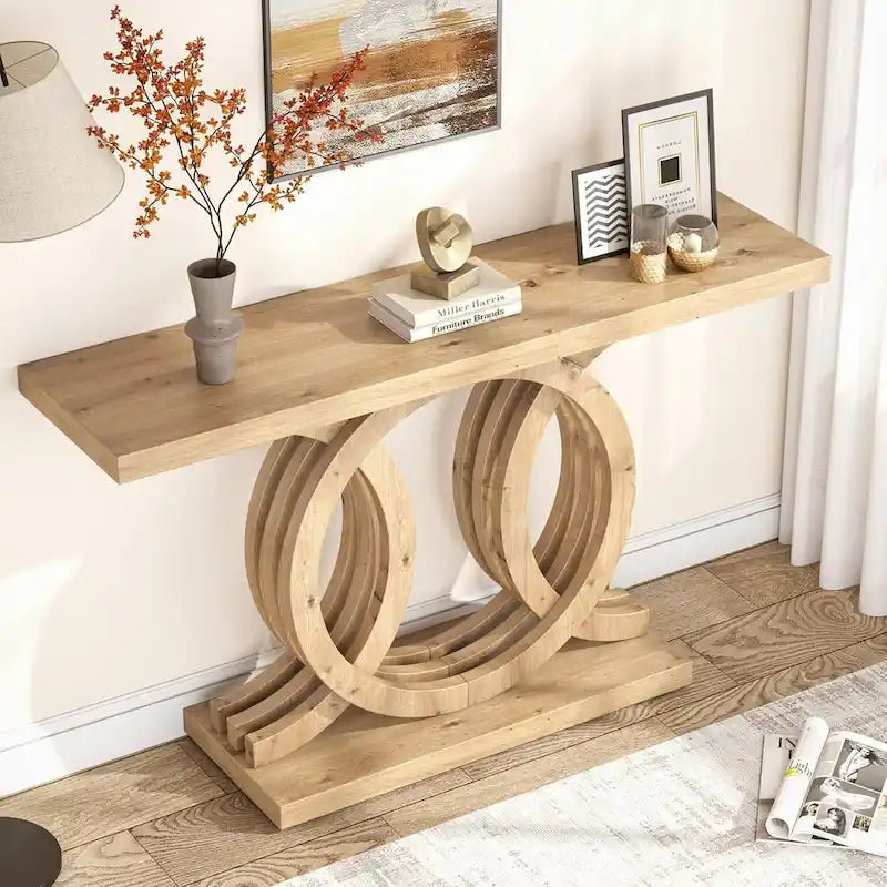 Tavolino consolle da 55 pollici con base geometrica Tavolo da corridoio in legno vintage