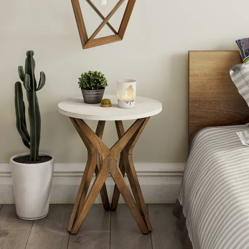 COZAYH Tavolino da Salotto Rotondo con Piedistallo in Stile Rustico, Set da 2, Piano Bianco Anticatura con Base per Arredamento Moderno, Boho