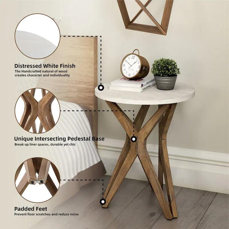COZAYH Tavolino da Salotto Rotondo con Piedistallo in Stile Rustico, Set da 2, Piano Bianco Anticatura con Base per Arredamento Moderno, Boho