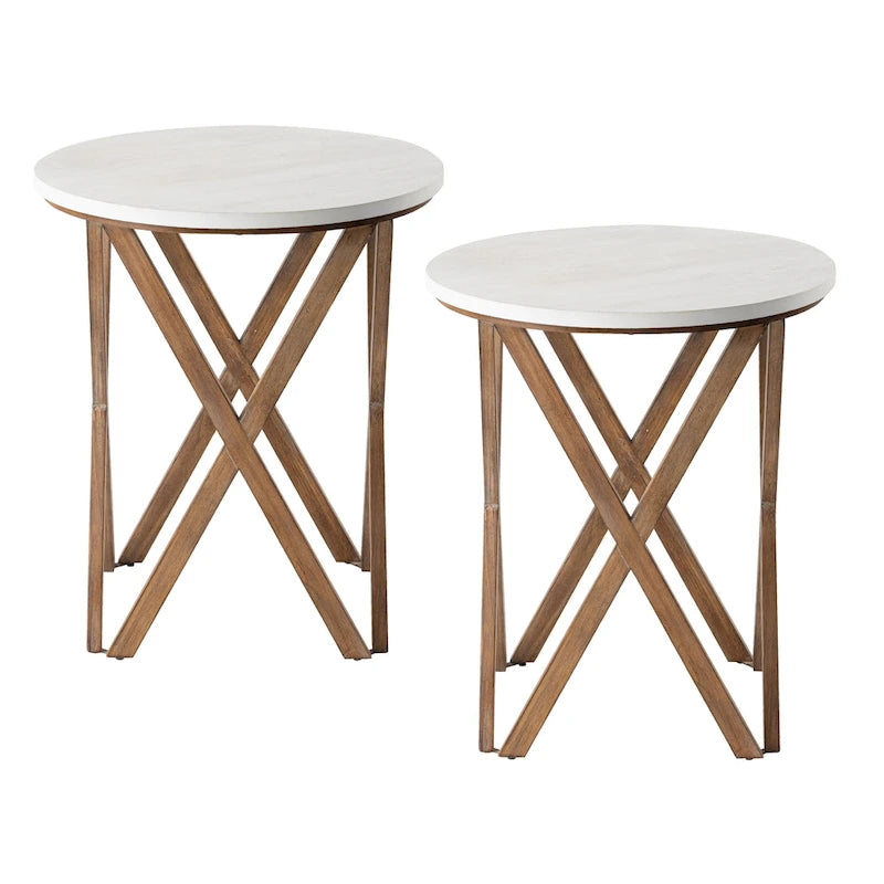 COZAYH Tavolino da Salotto Rotondo con Piedistallo in Stile Rustico, Set da 2, Piano Bianco Anticatura con Base per Arredamento Moderno, Boho