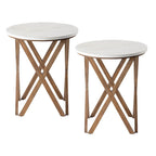 COZAYH Tavolino da Salotto Rotondo con Piedistallo in Stile Rustico, Set da 2, Piano Bianco Anticatura con Base per Arredamento Moderno, Boho