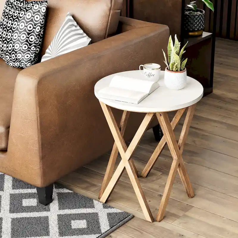 COZAYH Tavolino da Salotto Rotondo con Piedistallo in Stile Rustico, Set da 2, Piano Bianco Anticatura con Base per Arredamento Moderno, Boho