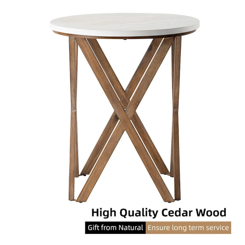 COZAYH Tavolino da Salotto Rotondo con Piedistallo in Stile Rustico, Set da 2, Piano Bianco Anticatura con Base per Arredamento Moderno, Boho