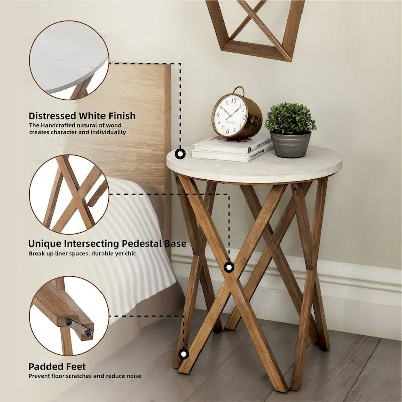 COZAYH Tavolino da Salotto Rotondo con Piedistallo in Stile Rustico, Set da 2, Piano Bianco Anticatura con Base per Arredamento Moderno, Boho