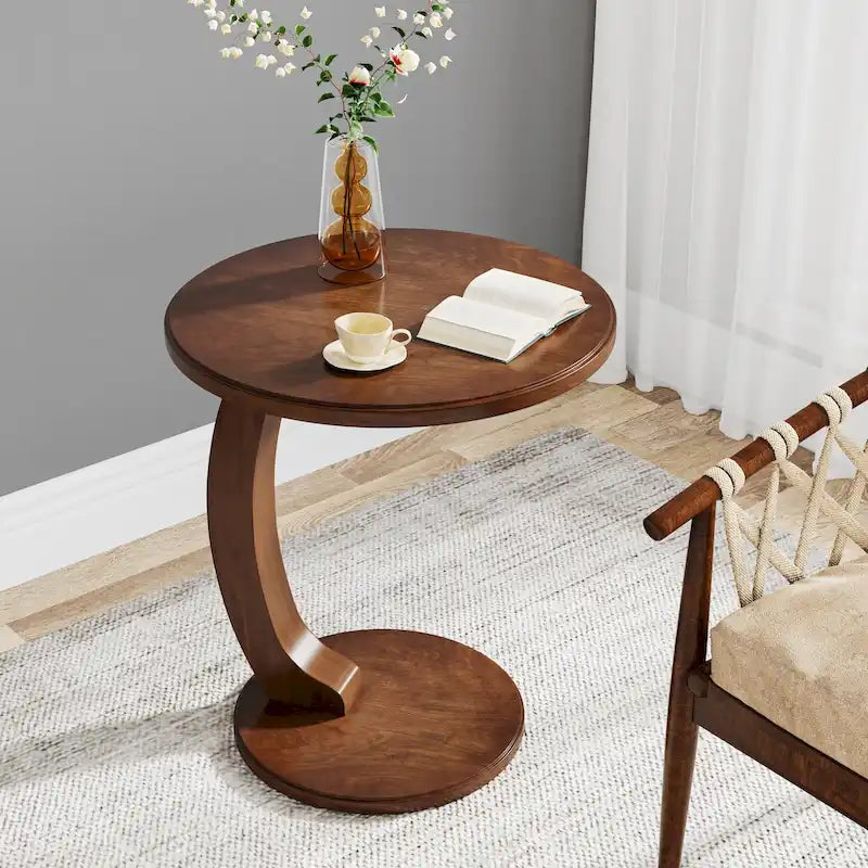Table d'appoint ronde, Table d'appoint en bois en forme de C, Table d'appoint de canapé vintage