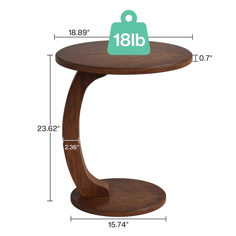 Table d'appoint ronde, Table d'appoint en bois en forme de C, Table d'appoint de canapé vintage