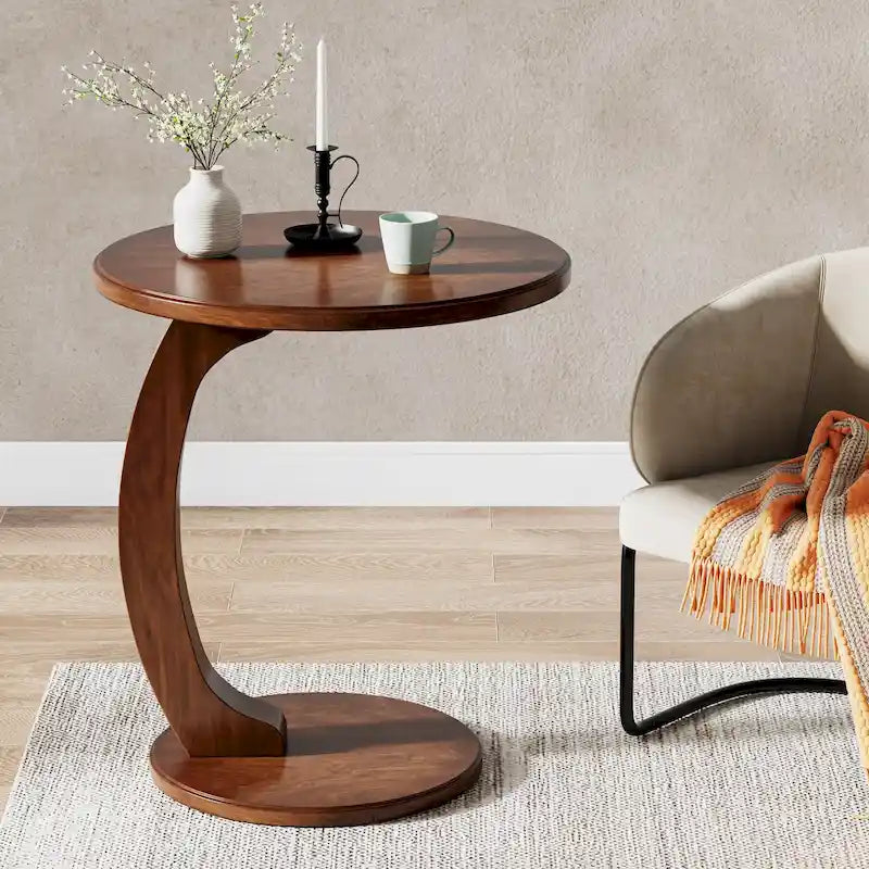 Table d'appoint ronde, Table d'appoint en bois en forme de C, Table d'appoint de canapé vintage