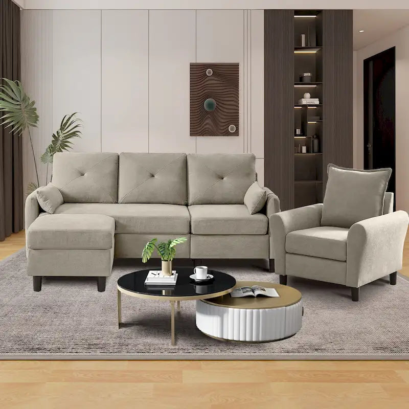 Set Divano Sezionale a 3 Pezzi con Pouf e Poltrona